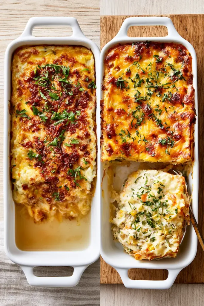 How Do You Keep a Casserole from Becoming Watery? 3 Comparison between a watery casserole and a properly baked casserole that holds its shape