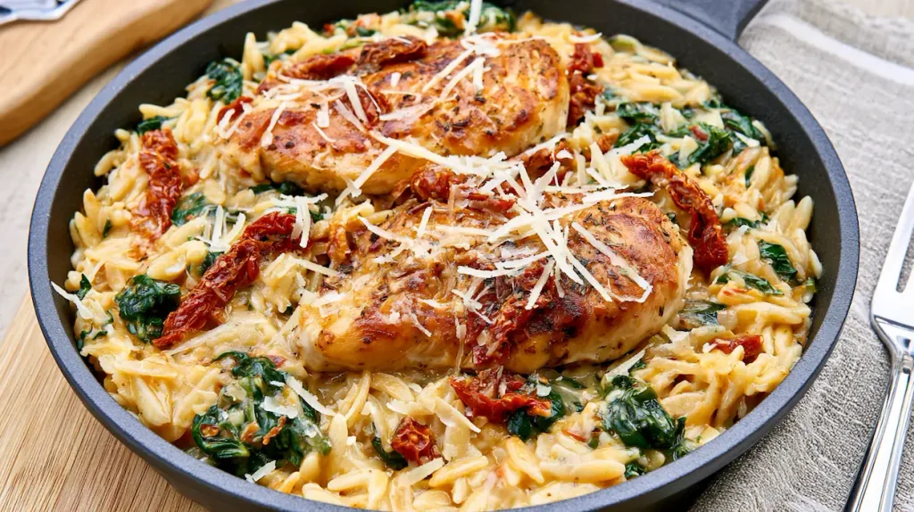 Creamy Tuscan Chicken Orzo (One-Pan Dinner) 4 Creamy Tuscan Chicken Orzo 1024x574 1