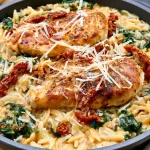 Creamy Tuscan chicken orzo with spinach and sun-dried tomatoes