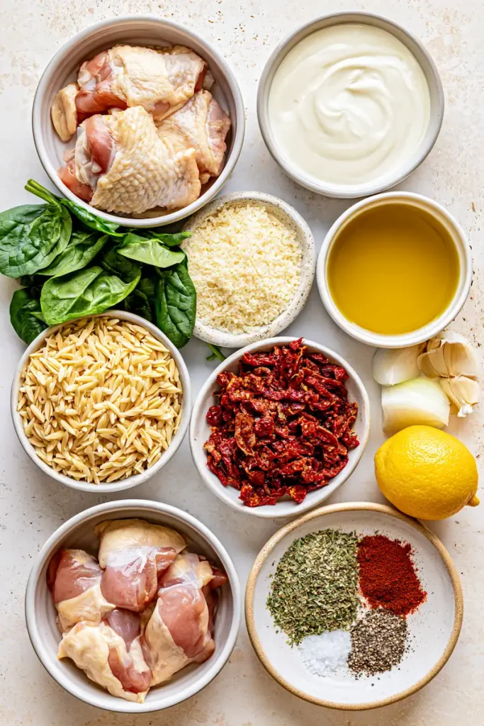 Creamy Tuscan Chicken Orzo (One-Pan Dinner) 2 Ingredients for creamy Tuscan chicken orzo including chicken, orzo, spinach, sun-dried tomatoes, cream, and Parmesan