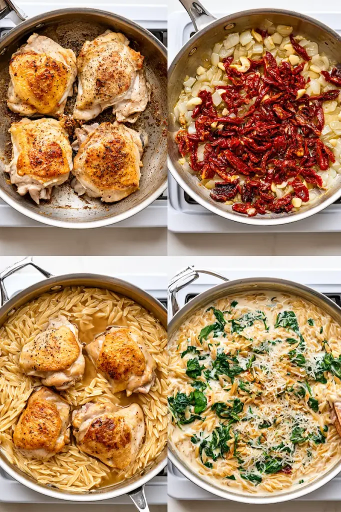 Creamy Tuscan Chicken Orzo (One-Pan Dinner) 3 Step-by-step preparation of creamy Tuscan chicken orzo in one skillet