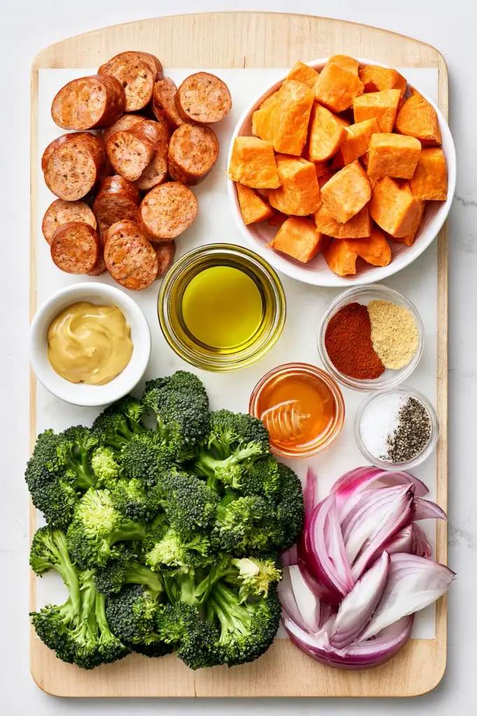 Sheet Pan Sausage, Sweet Potatoes and Broccoli 2 Ingredients for sheet pan sausage with sweet potatoes, broccoli, red onion, and honey mustard seasoning.