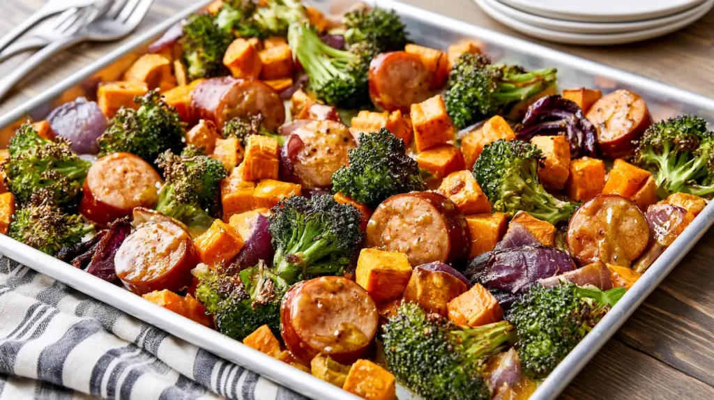 Sheet Pan Sausage, Sweet Potatoes and Broccoli 1 Sheet pan sausage with roasted sweet potatoes and broccoli
