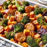 Sheet pan sausage with roasted sweet potatoes and broccoli