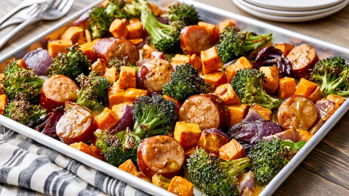 Sheet Pan Sausage, Sweet Potatoes and Broccoli