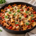 Chicken and black bean enchilada skillet with corn tortillas, red sauce and melted cheese.