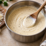 Smooth garlic Parmesan cream sauce in a saucepan with a wooden spoon.