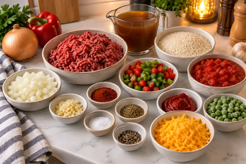 Ingredients for a one-pot ground beef and rice skillet arranged on a white kitchen counter, including ground beef, rice, onion, bell pepper, garlic, diced tomatoes, beef broth, peas, cheddar, and seasonings.