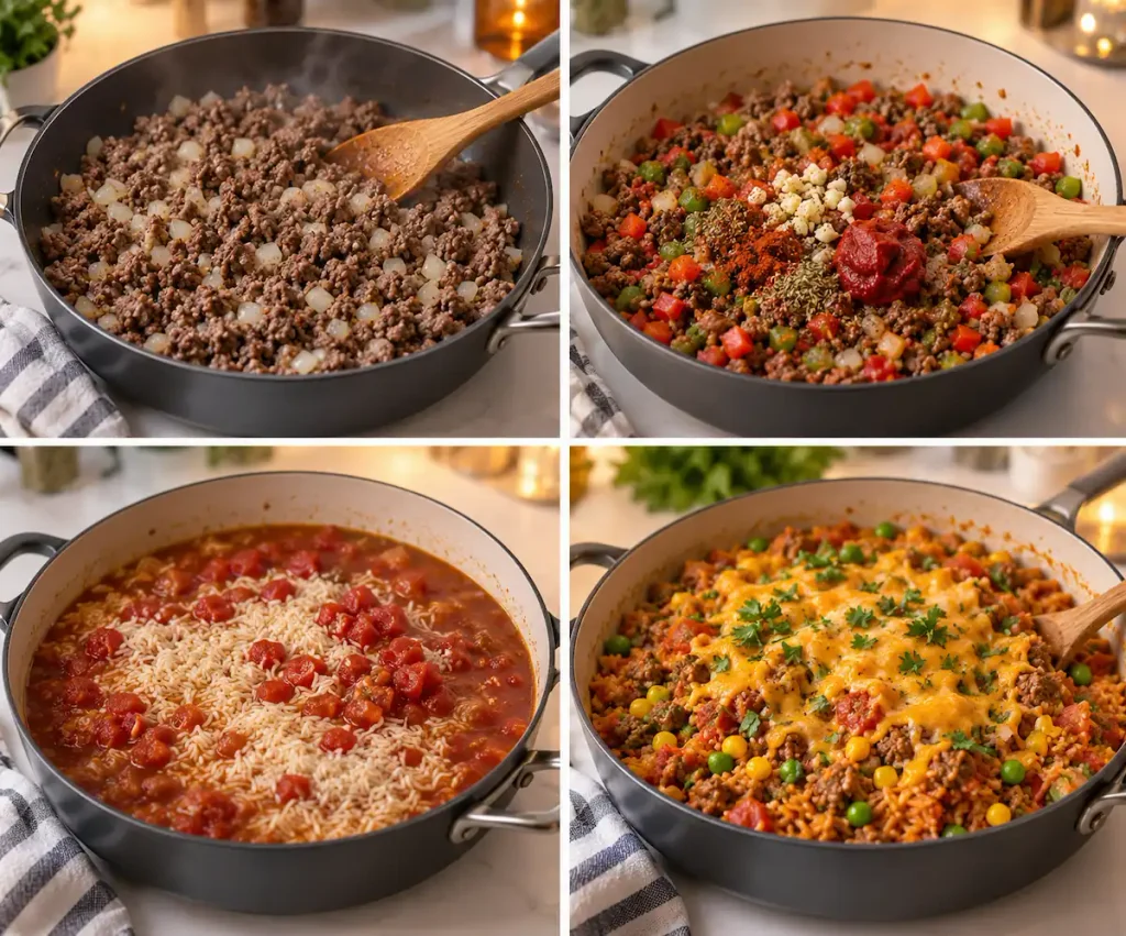Step-by-step collage showing how to make one-pot ground beef and rice skillet, from browning the beef to simmering the rice and finishing with vegetables and cheese.