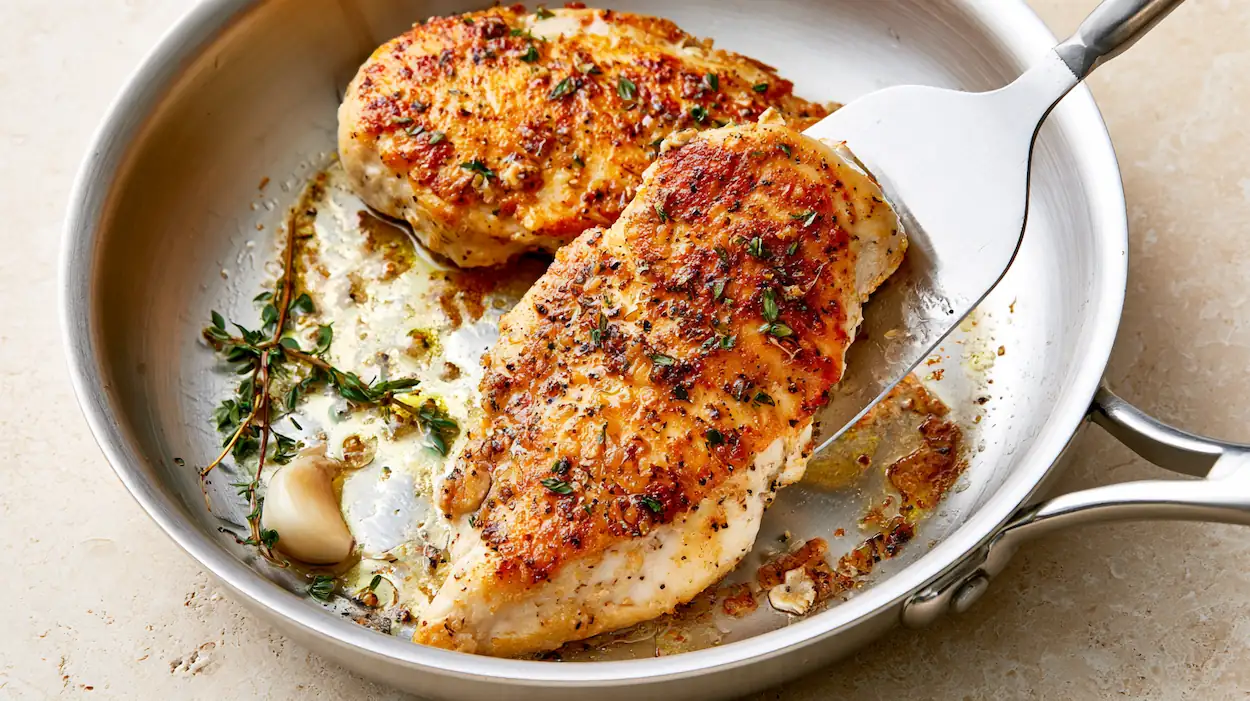 Golden chicken breasts releasing cleanly from a stainless-steel skillet after forming a browned crust.